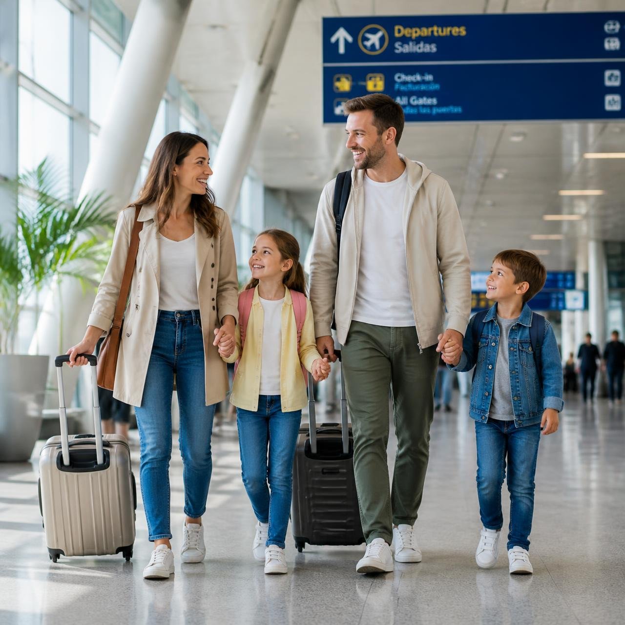Família sorrindo no saguão de embarque do aeroporto